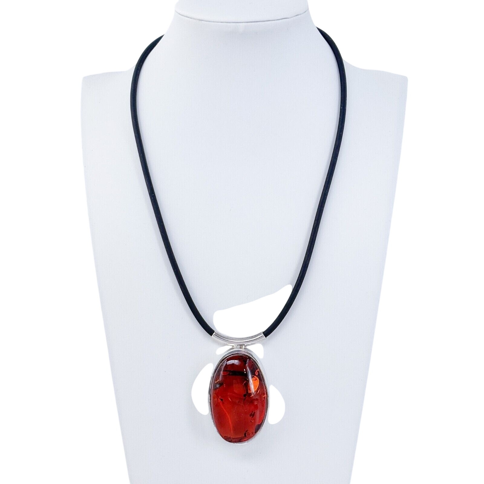 Rubber Necklace With Amber Pendant | Vintage Sterling Silver 925 | 18"